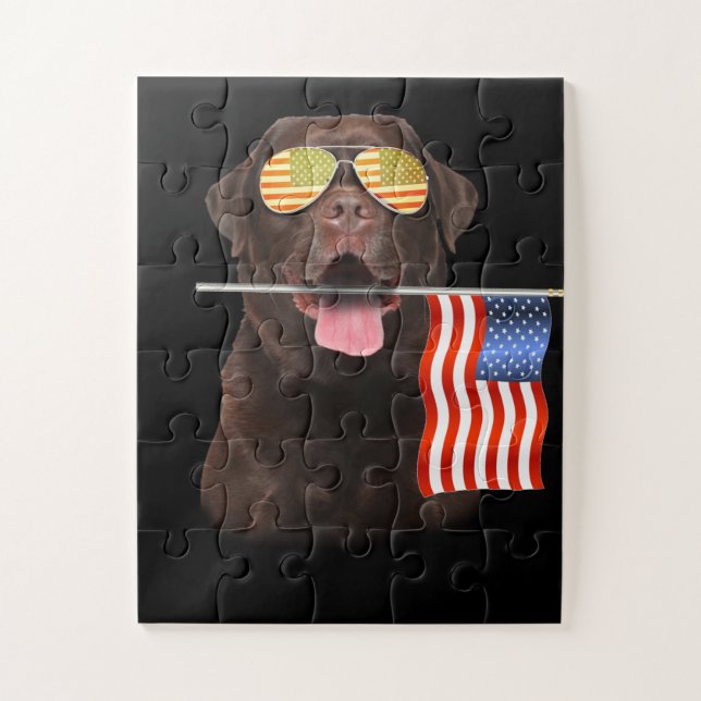 Quebra-cabeça Cachorro | Chocolate Labrador EUA Bandeira America (Vertical)