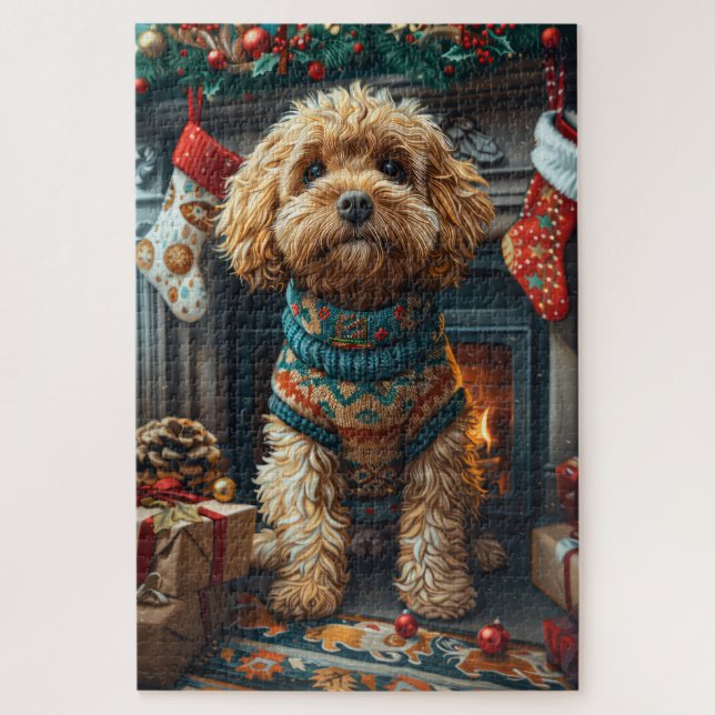 Quebra-cabeça Cachorro Cockapoo com Presentes de Natal na Lareir (Vertical)