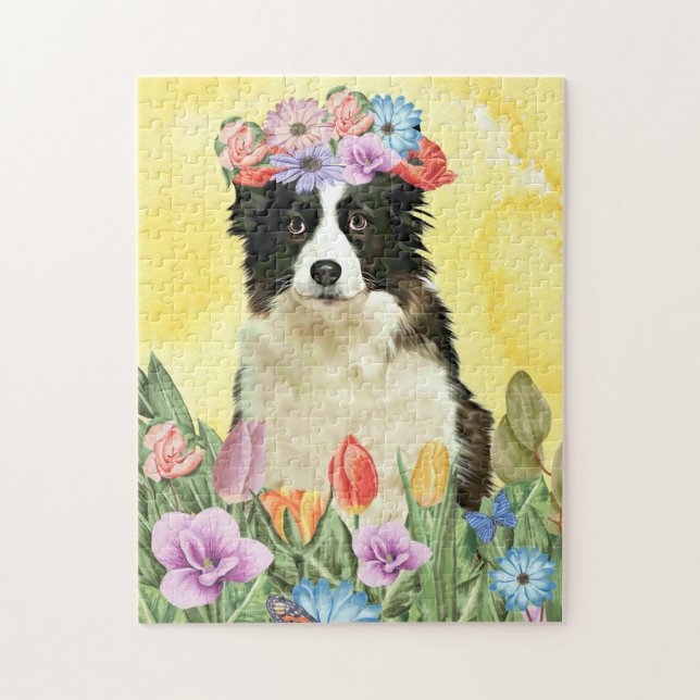 Quebra-cabeça Cachorro Collie de Borda com Primavera de Flores (Vertical)