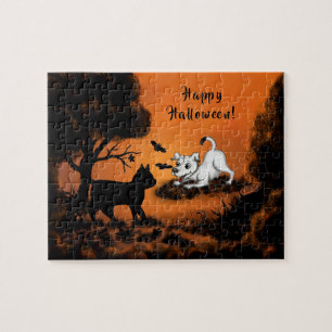 Quebra-cabeça Cachorro com Gato Negro e Bat, Feliz Dia das Bruxa
