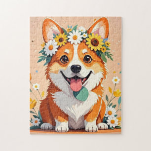 Quebra-cabeça Cachorro corgi alegre coroa de margaridas e girass