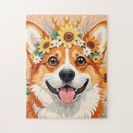 Quebra-cabeça Cachorro corgi alegre coroa de margaridas e girass