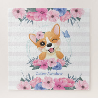 Quebra-cabeça Cachorro Corgi Fofo Coroa de Flores Borboleta Azul