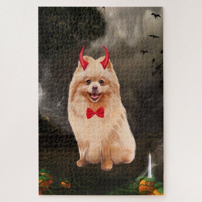 Quebra-cabeça Cachorro da Pomerânia na Freguiça de Halloween (Vertical)