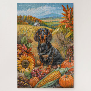 Quebra-cabeça Cachorro Dachshund Colheita de Outono Dia de Ação 