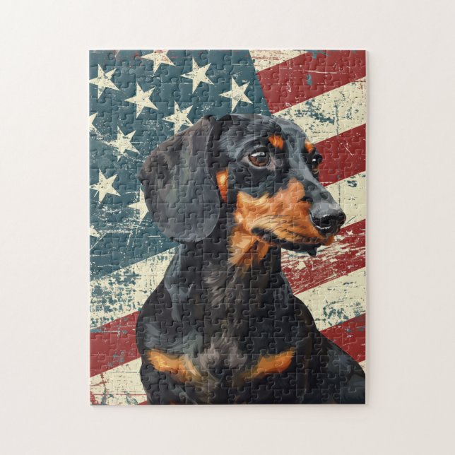 Quebra-cabeça Cachorro Dachshund da Bandeira Americana Grunge (Vertical)