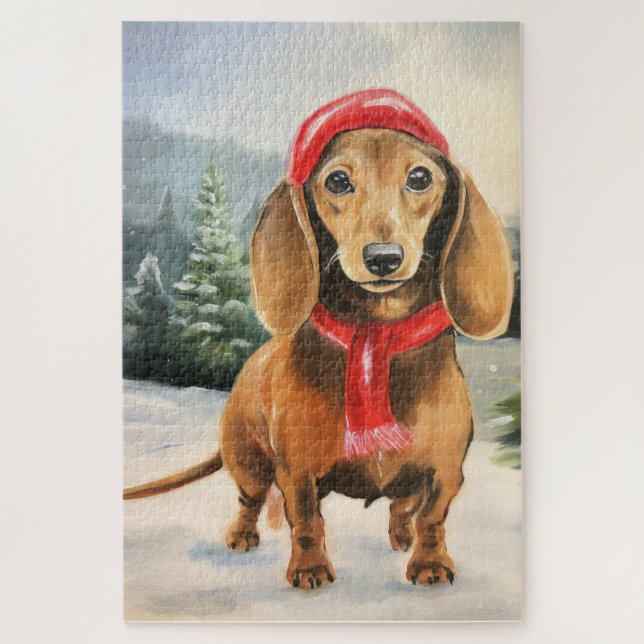 Quebra-cabeça Cachorro Dachshund na Neve Natal  (Vertical)