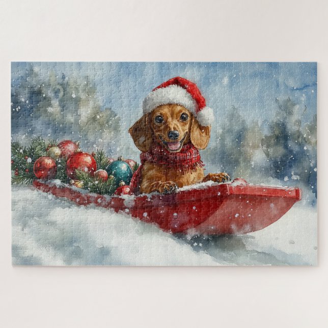 Quebra-cabeça Cachorro Dachshund no Trenó Deixe Nevar Natal (Horizontal)
