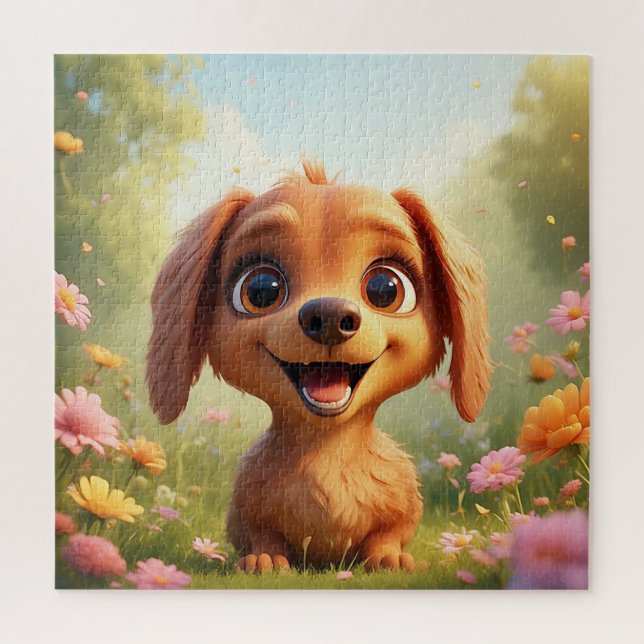 Quebra-cabeça Cachorro de Desenho Animado Alegre em um Campo de  (Vertical)