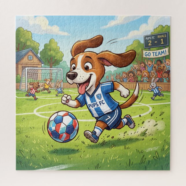 Quebra-cabeça Cachorro de Desenho Animado Jogando Futebol (Vertical)