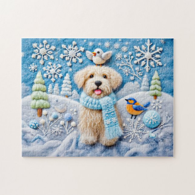 Quebra-cabeça Cachorro de Feltro em Cena de Inverno Nevado (Horizontal)