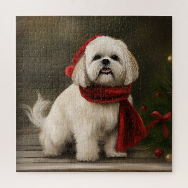 Quebra-cabeça Cachorro de Lhasa Apso no Natal da Neve (Vertical)