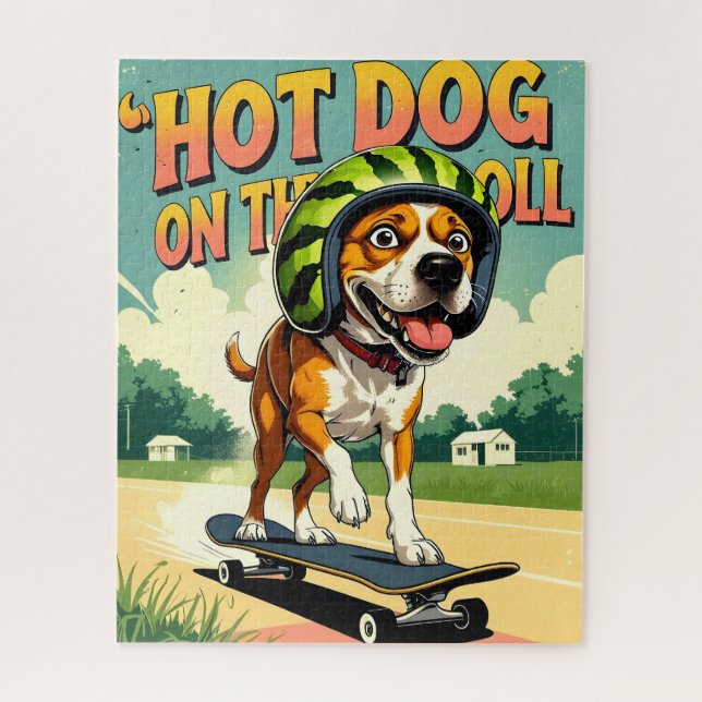 Quebra-cabeça Cachorro de Skate Verão Divertido Retro Praia  (Vertical)