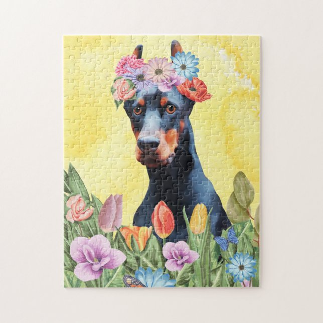 Quebra-cabeça Cachorro Doberman com Primavera de Flores (Vertical)