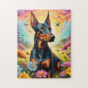 Quebra-cabeça Cachorro Doberman, Flores e Cena de Montanha