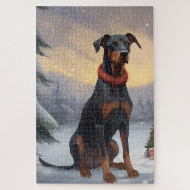 Quebra-cabeça Cachorro Doberman no Natal da Neve (Vertical)