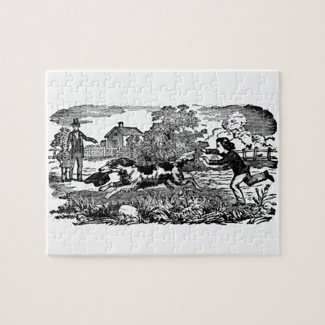 Quebra-cabeça Cachorro executando ilustração vitoriana antiga de (Horizontal)