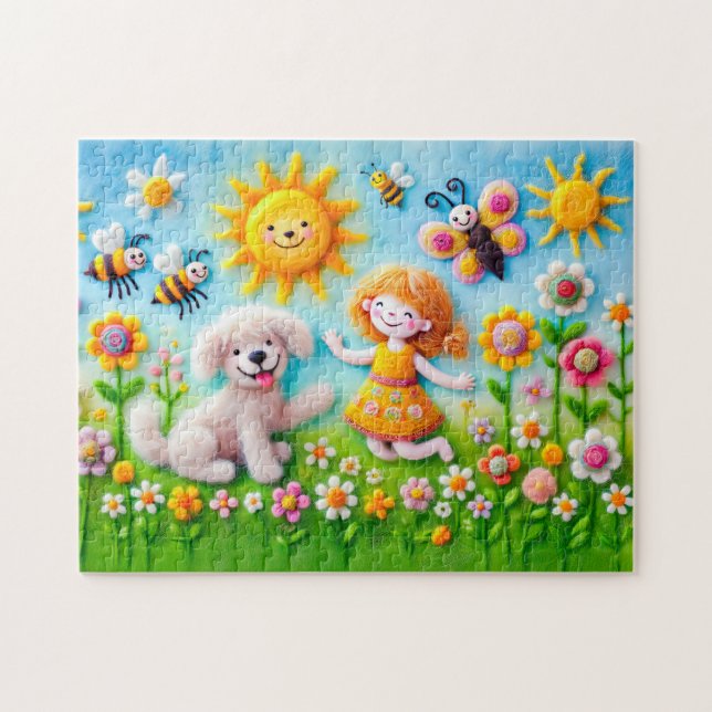 Quebra-cabeça Cachorro Feliz e Criança no Jardim Flor (Horizontal)