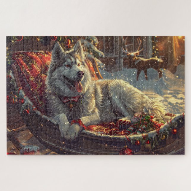 Quebra-cabeça Cachorro Finlandês Laphund Festa de Natal (Horizontal)