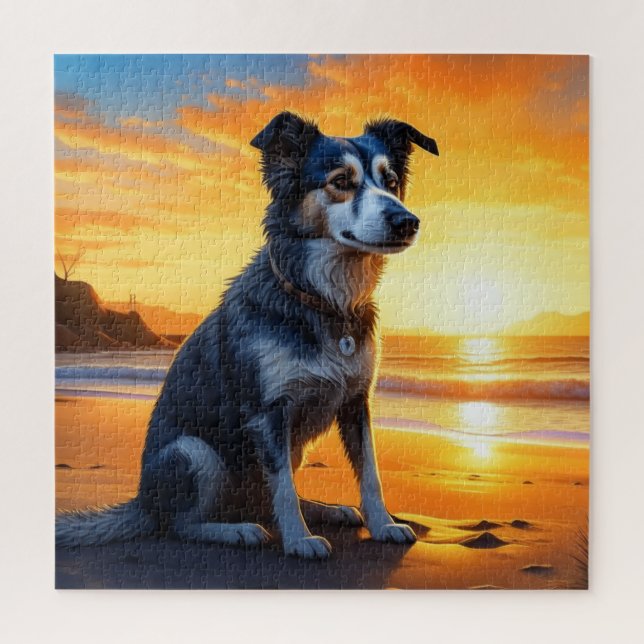 Quebra-cabeça Cachorro Fofo na Praia ao Pôr do Sol  (Vertical)