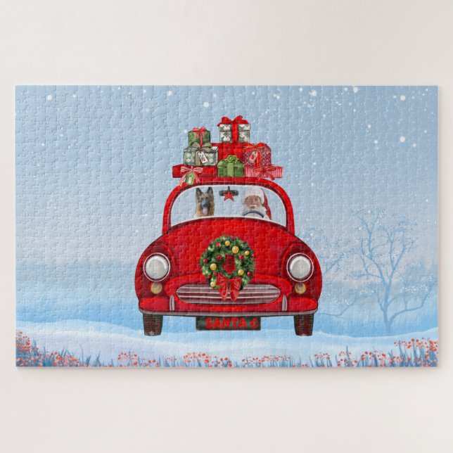 Quebra-cabeça Cachorro german shepherd No Carro Com Papai Noel (Horizontal)