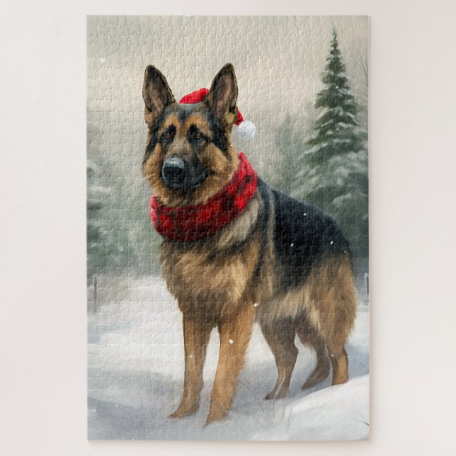 Quebra-cabeça Cachorro german shepherd no Natal da Neve (Vertical)