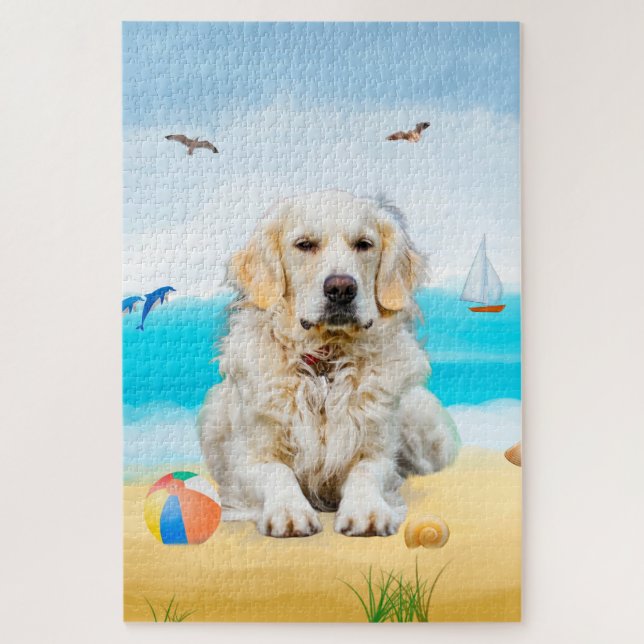 Quebra-cabeça Cachorro Golden Retriever na Praia (Vertical)
