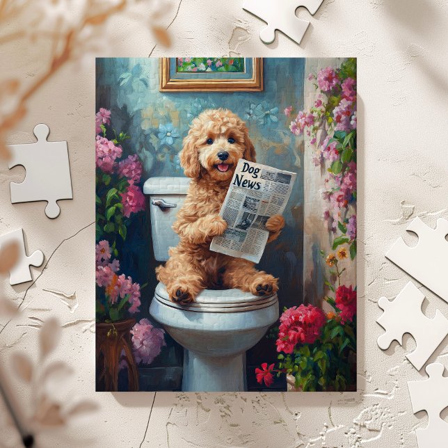 Quebra-cabeça Cachorro Goldendoodle na privada Engraçado (Doodle on Toilet)