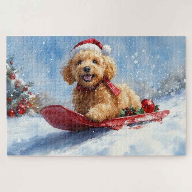Quebra-cabeça Cachorro Goldendoodle no Trenó Deixe Nevar Natal (Horizontal)