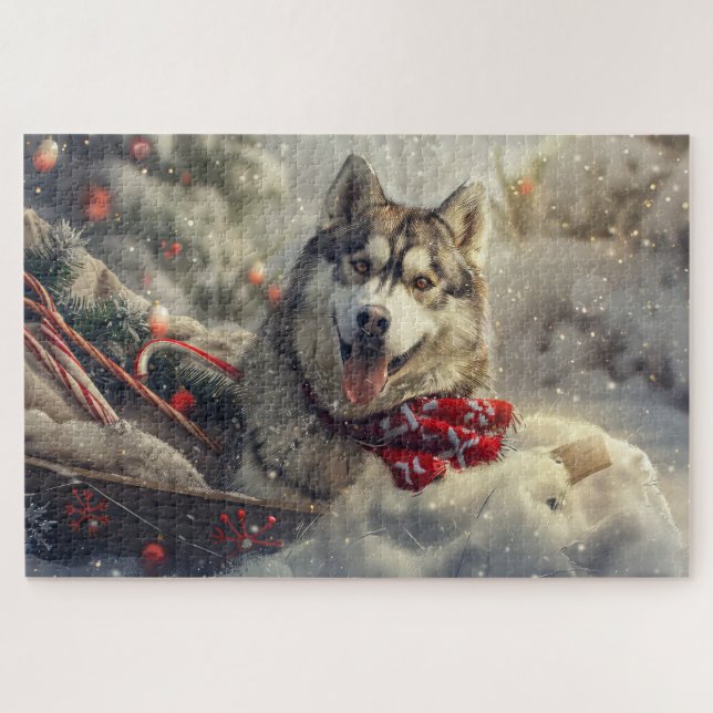 Quebra-cabeça Cachorro Husky Siberiano Natal Festivo (Horizontal)