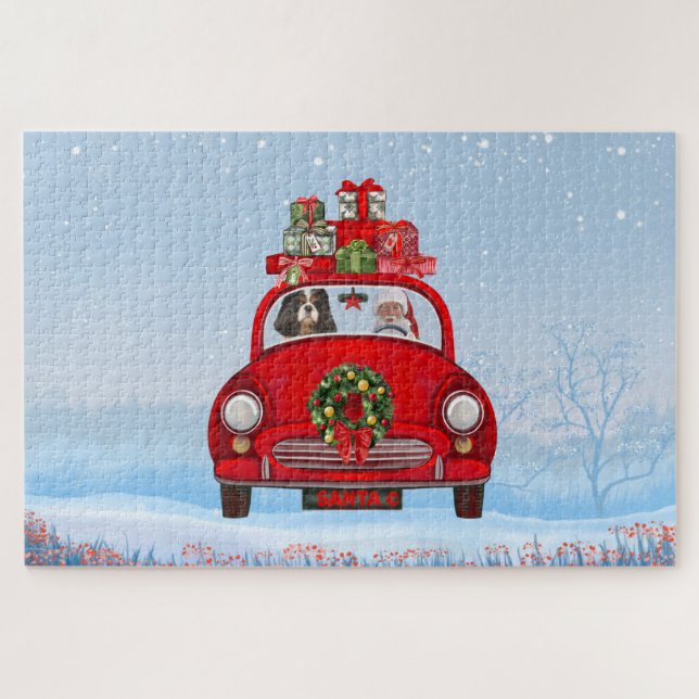 Quebra-cabeça Cachorro King Cavalier no carro com o Papai Noel (Horizontal)