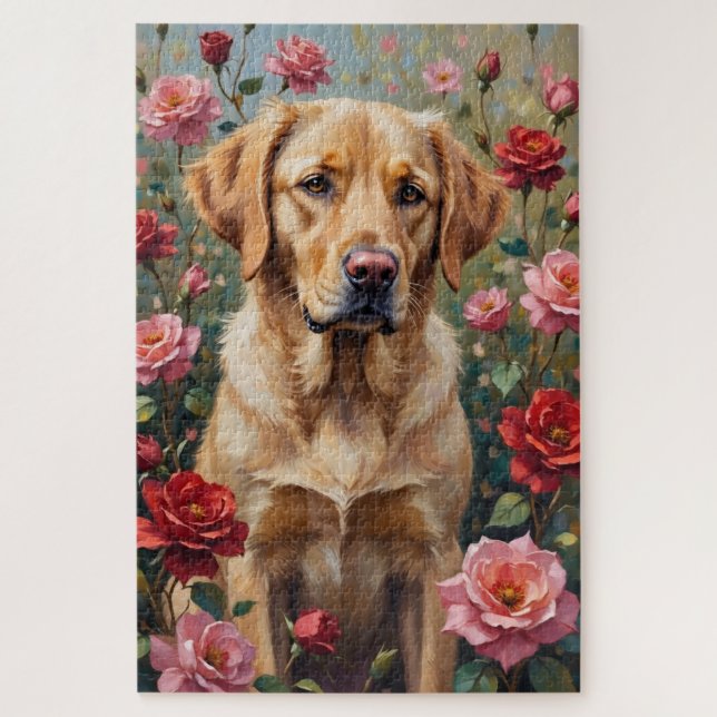 Quebra-cabeça Cachorro Labrador Amarelo Campo de Rosas no Dia do (Vertical)