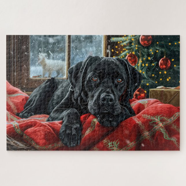 Quebra-cabeça Cachorro Labrador Preto Natal Festivo (Horizontal)