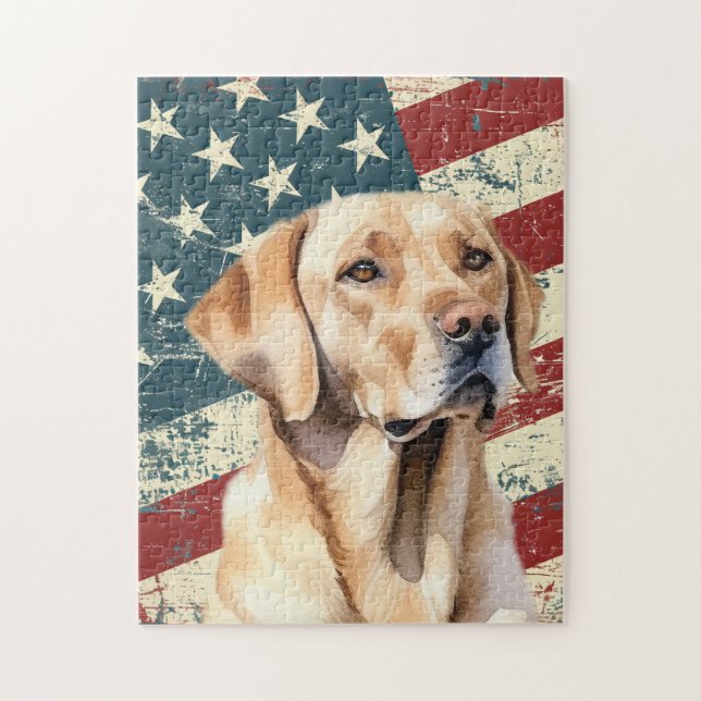 Quebra-cabeça Cachorro Labrador Retriever Amarelo Bandeira Ameri (Vertical)
