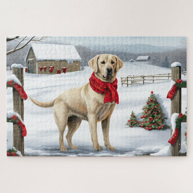 Quebra-cabeça Cachorro Labrador Retriever na Neve Natal (Horizontal)