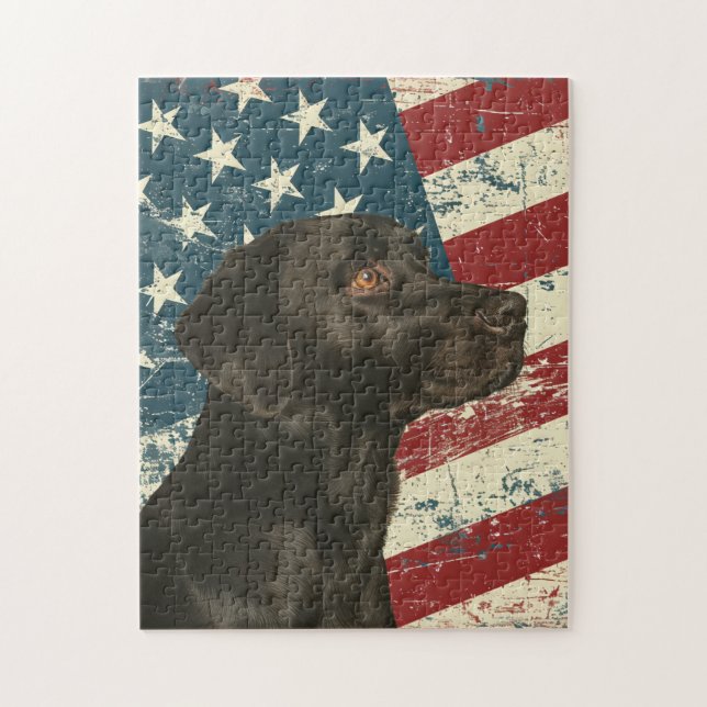 Quebra-cabeça Cachorro Labrador Retriever Preto Bandeira America (Vertical)
