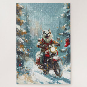 Quebra-cabeça Cachorro Malamute do Alasca Pilotando Moto Natal