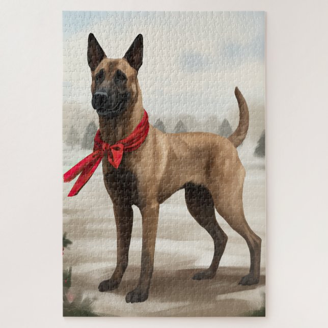 Quebra-cabeça Cachorro Malinois belga no Natal da neve (Vertical)