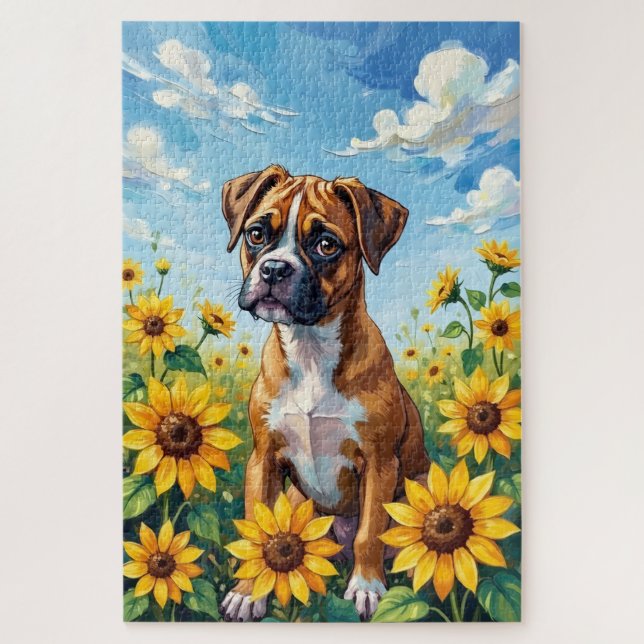 Quebra-cabeça Cachorro no Campo de Girassóis da Primavera Boxer (Vertical)