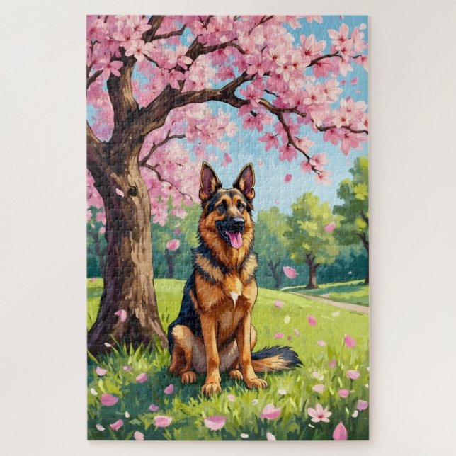Quebra-cabeça Cachorro Pastor Alemão Flor de Primavera (Vertical)