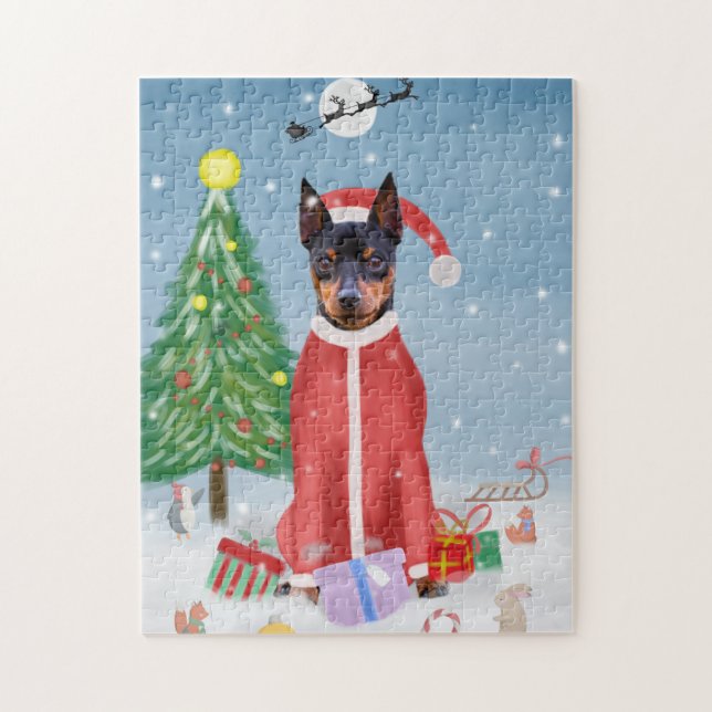 Quebra-cabeça Cachorro-Pequeno na Neve com presentes de Natal (Vertical)