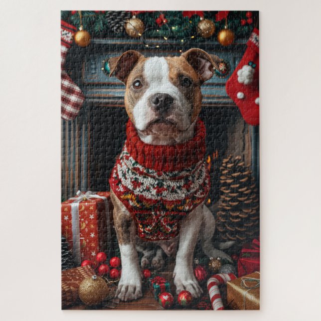 Quebra-cabeça Cachorro Pitbull Com Presentes De Natal Lareira (Vertical)