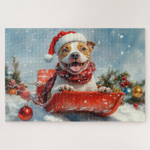 Quebra-cabeça Cachorro Pitbull em Trenó Deixe Nevar Natal