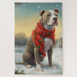 Quebra-cabeça Cachorro Pitbull na Neve Natal