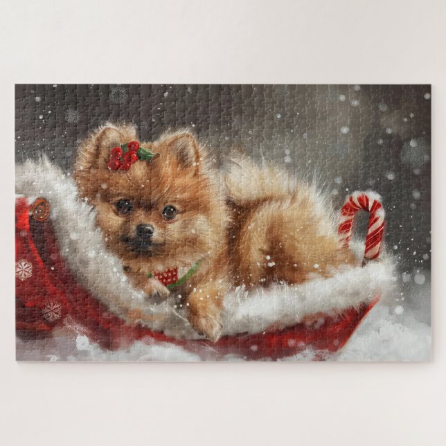 Quebra-cabeça Cachorro Pomerânia Festivo de Natal (Horizontal)
