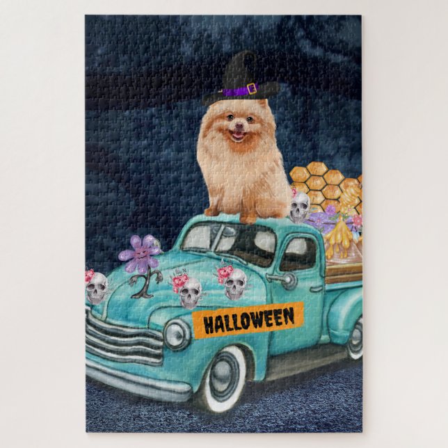 Quebra-cabeça Cachorro Pomerânia no Caminhão de Halloween Noite  (Vertical)