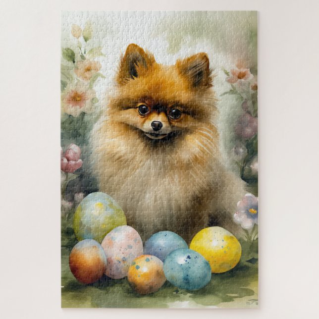 Quebra-cabeça Cachorro Pomerano com Feriado de Ovos de Páscoa (Vertical)