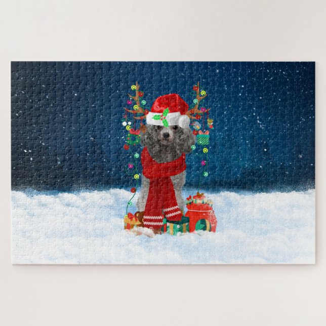 Quebra-cabeça Cachorro poodle com presentes de Natal (Horizontal)