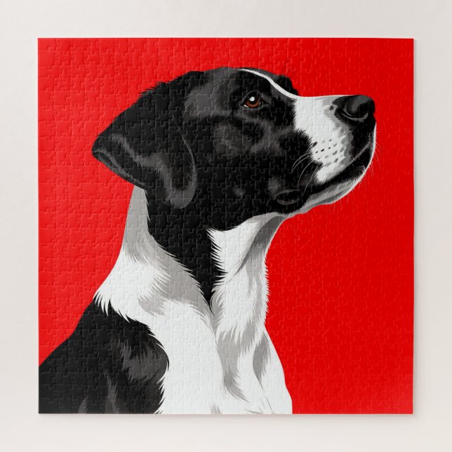 Quebra-cabeça Cachorro Preto e Branco em Fundo Vermelho Ousado (Vertical)