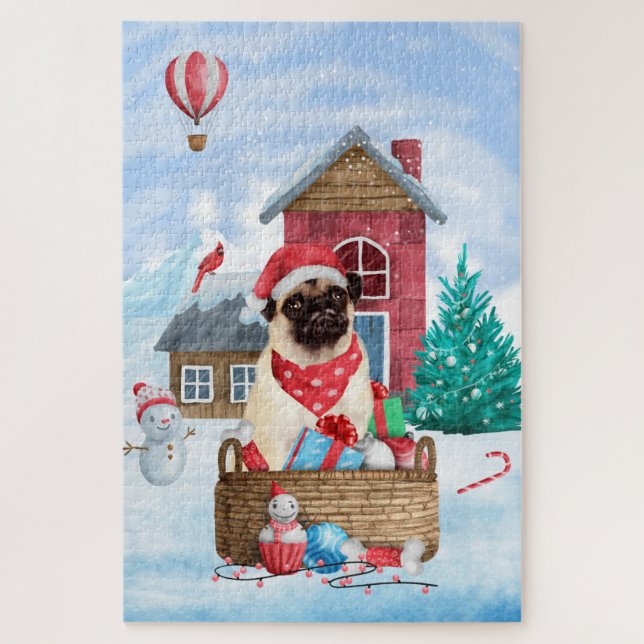 Quebra-cabeça Cachorro Pug na Casa de Natal na Neve (Vertical)